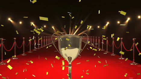 Animation-of-confetti-over-cup-and-red-carpet-on-black-background
