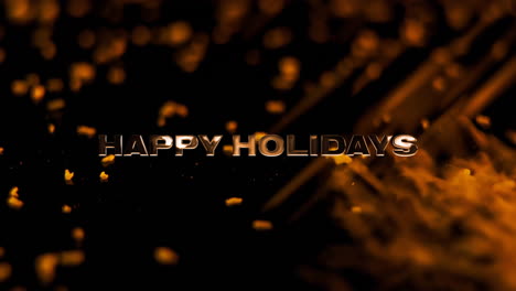 Animation-of-happy-holidays-text-over-confetti-moving-in-brisk-wind-on-black-surface