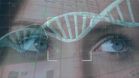 Animation-Der-DNA-Kette-Und-Datenverarbeitung-über-Den-Augen-Einer-Kaukasischen-Frau