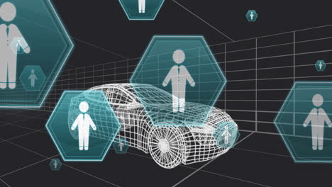 Animation-of-human-icon-in-hexagons-over-3d-model-of-car-moving-against-black-background