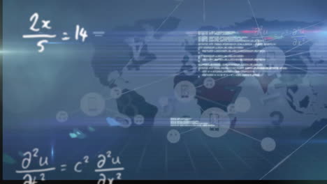 Animation-of-equations,-connections-and-data-processing-over-world-map-on-blue-background