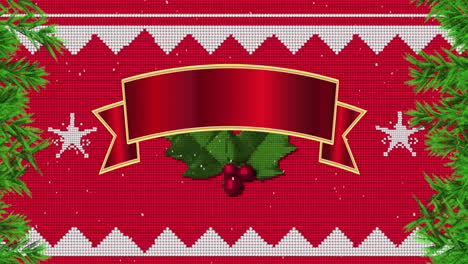 Animation-of-red-banner-with-copy-space-over-christmas-decorations-on-red-background