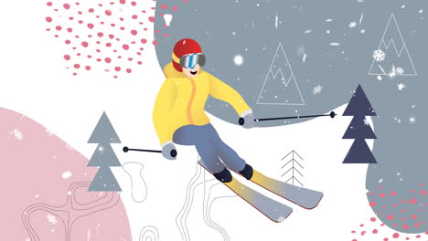 Animation-Von-Schnee,-Der-über-Skifahrer-Und-Weihnachtliche-Winterlandschaft-Fällt