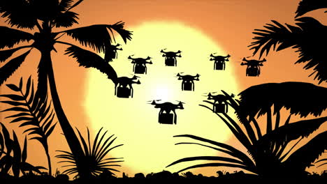 Animation-of-silhouette-of-palm-trees-and-drones-with-boxes-on-brown-background