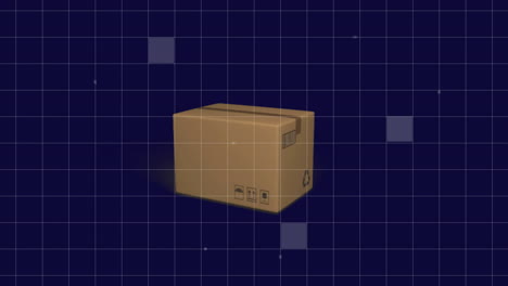 Animation-of-squares-on-grid-pattern-and-falling-cardboard-box-against-black-background