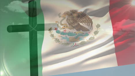 Animation-of-flag-of-mexico-over-wooden-cross-and-sky-with-clouds