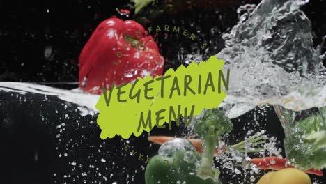 Animation-of-vegetarian-menu-text-over-fruit-falling-in-water-background