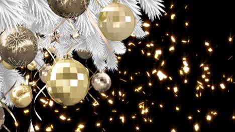 Animation-of-snow-falling-over-snow-falling-over-fir-tree-and-gold-baubles