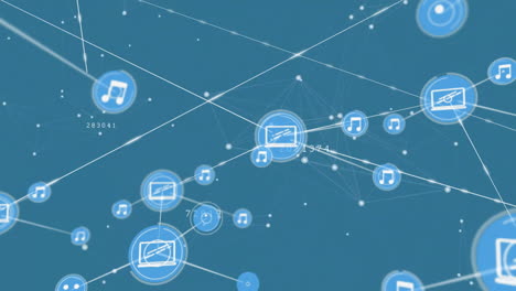 Animation-of-network-of-connections-with-icons-over-blue-background
