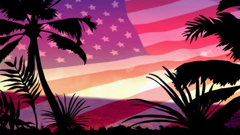 Animation-of-silhouette-of-palm-tree-over-flag-of-usa-background
