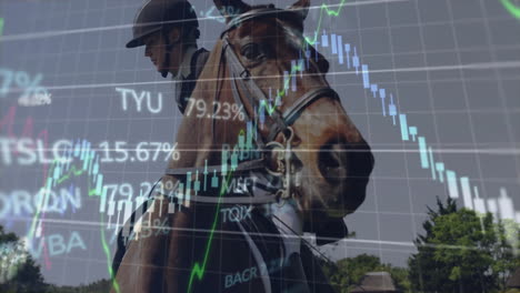 Animation-of-financial-data-processing-over-caucasian-woman-getting-on-horse