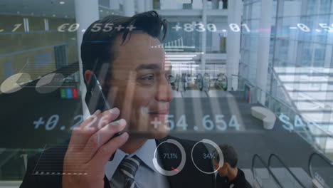 Animation-of-financial-data-processing-over-biracial-businessman-using-smartphone