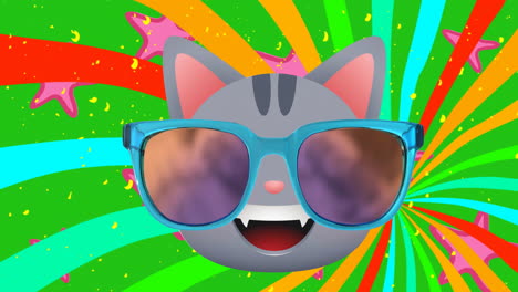 Animation-Einer-Glücklichen-Katze-Mit-Brille-Und-Sternen-Auf-Buntem-Hintergrund