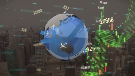 Animation-Der-Verarbeitung-Finanzieller-Daten-über-Einem-Globus-Mit-Flugzeugen