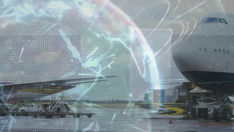 Animation-Von-Globus-Und-Formen-über-Einem-Flugzeug-Am-Flughafen