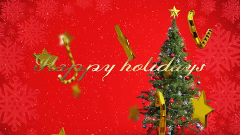 Animation-of-happy-holidays-text,-falling-candy-canes,-stars,-snowfall-on-decorated-christmas
