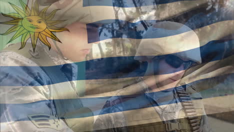 Animation-of-flag-of-uruguay-over-caucasian-male-soldiers-planning-strategy