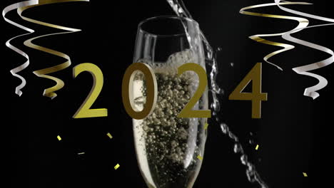 Animation-of-2024-party-streamers-and-glass-of-champagne-on-black-background