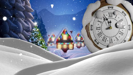 Animation-Einer-Tickenden-Retro-Uhr,-Die-Mitternacht-In-Einer-Winterlandschaft-Zeigt