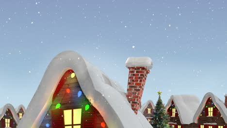 Animation-of-snow-falling-over-houses-with-fairy-lights-in-winter-scenery