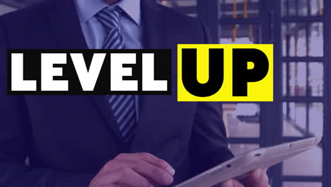 Animation-of-level-up-text-over-caucasian-businessman-standing-and-scrolling-on-smartphone