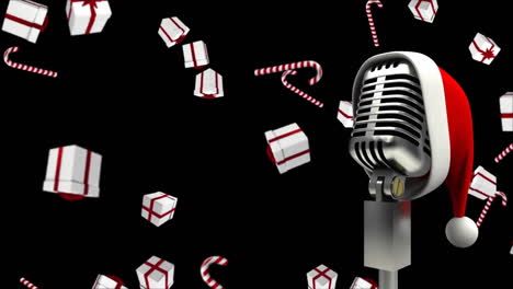Animation-of-santa-hat-on-microphone-over-falling-candy-canes,-gift-boxes-against-black-background