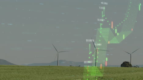 Animation-Von-Diagrammen-Und-Datenverarbeitung-über-Einem-Feld-Mit-Windkraftanlagen