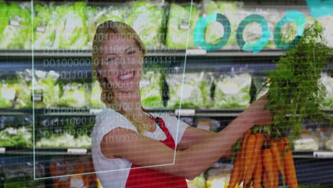 Animation-of-data-processing-over-caucasian-woman-grocery-shopping