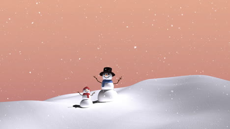 Animation-of-snow-falling-over-snowmen-in-winter-scenery