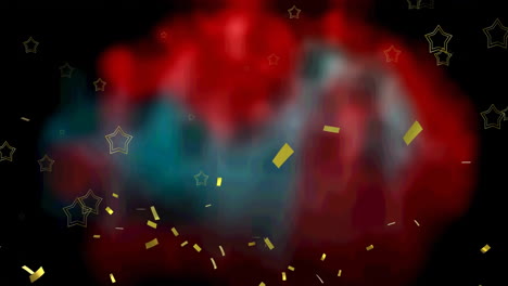 Animation-of-falling-gold-confetti-and-stars-over-red-and-green-blur-on-background