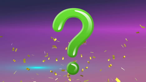 Animation-of-green-question-mark-and-falling-gold-confetti-on-purple-background