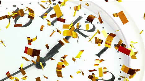 Animation-of-clock-showing-midnight-and-confetti-falling-on-white-background