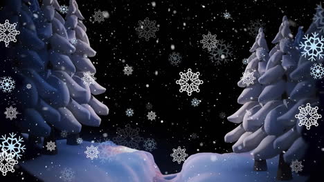Animation-of-falling-snowflakes-over-christmas-trees-covered-with-snow-on-black-background