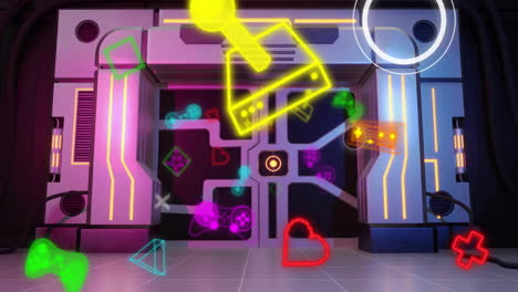 Animation-Von-Gaming-Symbolen-über-Einer-Tasse-Im-Cyber-Tunnel
