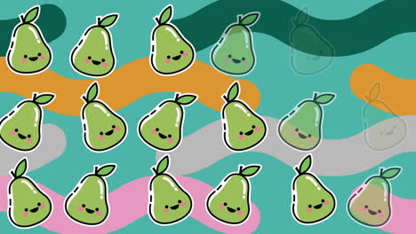 Animation-of-pears-and-colourful-shapes-on-green-background