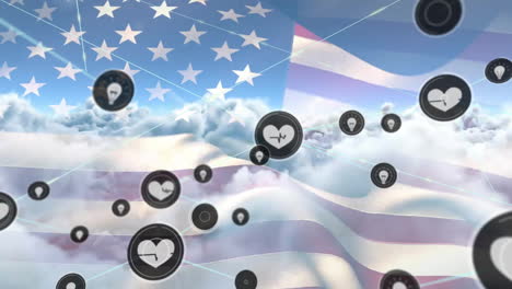 Animation-of-network-of-health-and-idea-icons-over-flag-of-america-and-blue-cloudy-sky