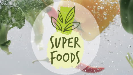 Animation-of-super-foods-text-over-fruit-falling-in-water-background