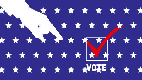 Animation-of-hand-pointing-on-vote-text-over-stars-on-blue-background