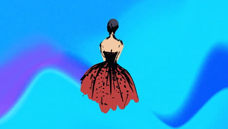 Animation-of-fashion-drawing-of-woman-in-evening-dress-on-blue-background