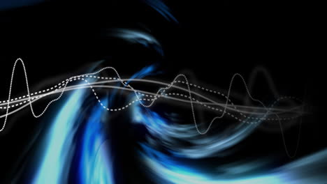 Animation-of-network-of-lines-and-blue-light-trails-over-black-background