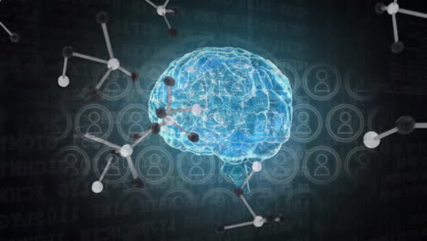 Animation-of-human-brain,-molecules-and-people-icons-on-black-background