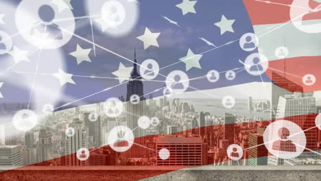 Animation-of-network-of-connections-with-icons-and-flag-of-usa-over-cityscape