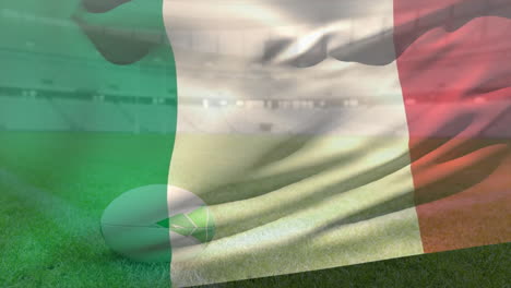 Animation-of-waving-flag-of-italy-over-stadium-with-rugby-ball