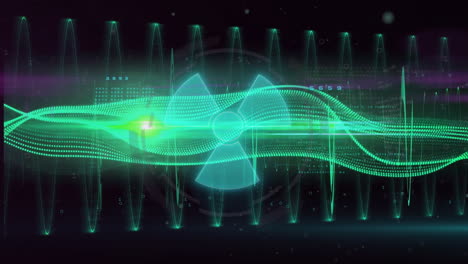 Animation-of-nuclear-symbol-over-data-processing-and-light-trails-on-black-background