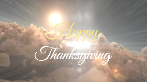 Animation-of-happy-thanksgiving-text-over-aerial-view-of-dense-clouds-and-sun-in-sky