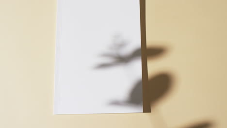 Video-Des-Schattens-Einer-Pflanze-über-Einem-Buch-Mit-Leeren-Weißen-Seiten-Und-Platz-Zum-Kopieren-Auf-Gelbem-Hintergrund
