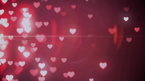 Animation-of-white-and-pink-hearts-moving-over-red-light-and-firework-on-dark-background
