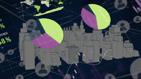 Animation-Der-Verarbeitung-Finanzieller-Daten-über-Stadtlandschaft-Und-Dunklem-Hintergrund