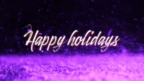 Animation-of-happy-holiday-text-over-purple-snow-moving-in-brisk-wind-against-black-background