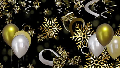 Animation-Von-Goldenen-Und-Silbernen-Luftballons-Mit-Schneeflocken-Auf-Schwarzem-Hintergrund